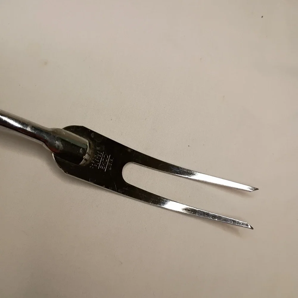 Vtg Ekco Chromium Plated CARVING MEAT FORK Olive Green‎ Handle 12.5 in